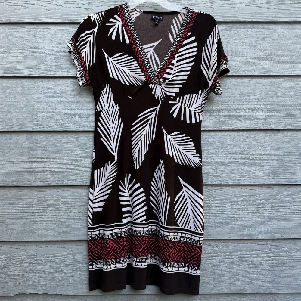 ENFOCUS STUDIO 8 V-Neck Sheath Dress Women Brown White Palm Leaf Border Print